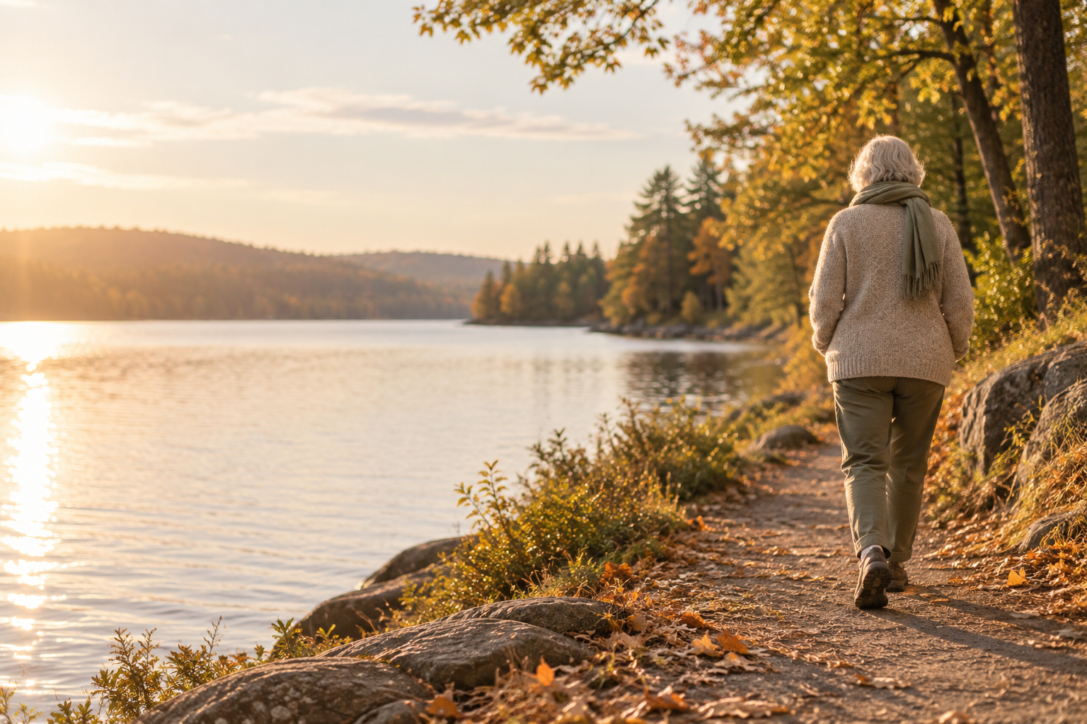 Someone walking an unhurried lakeshore trail in early autumn light